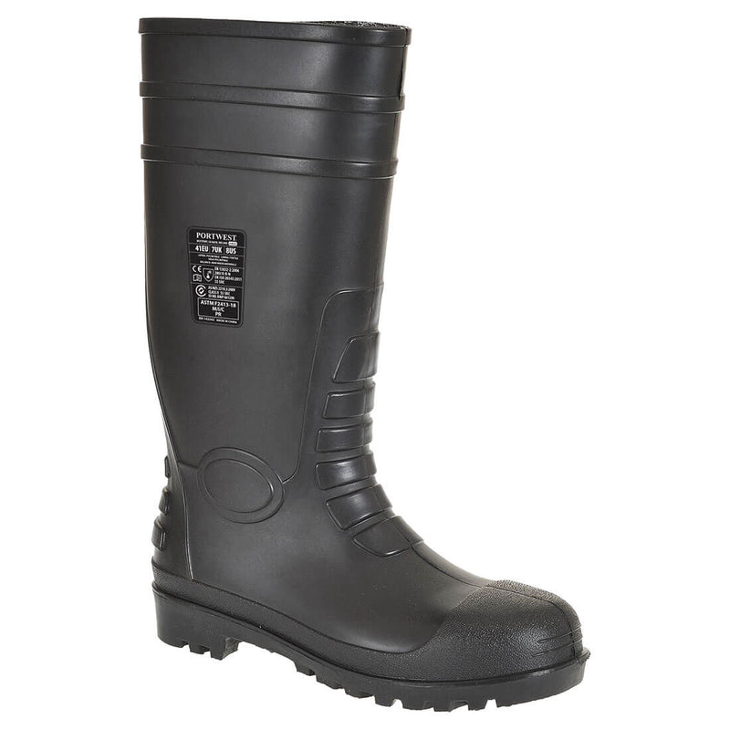Schwarzer Sicherheits-Gummistiefel mit gepolstertem Schaft und Profilsohle, seitliche Schließeinsätze