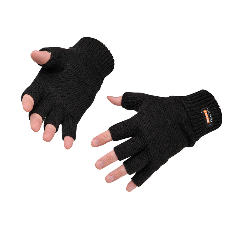 Fingerfreie Strick-Handschuhe, schwarze Wolle, breiter Rippbund mit Logo-Patch