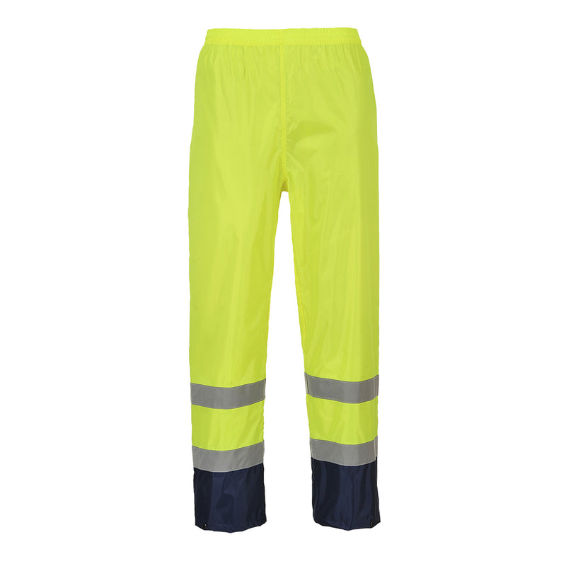 Warnschutz-Regenhose mit Kontrast, gelbgrün, reflektierende Bänder und dunkelblauem Beinabschluss