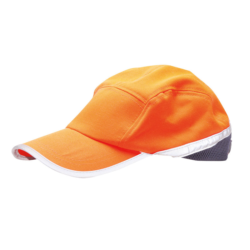 Warnschutz-Baseballkappe mit orangefarbener Kappe, weißem Schirm und dunklem Seitenbesatz