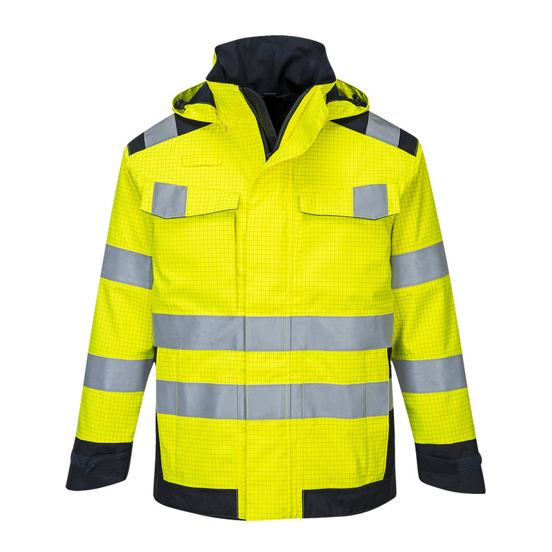 Hi-Vis Regenjacke, gelb mit reflektierenden Bändern und Kapuze