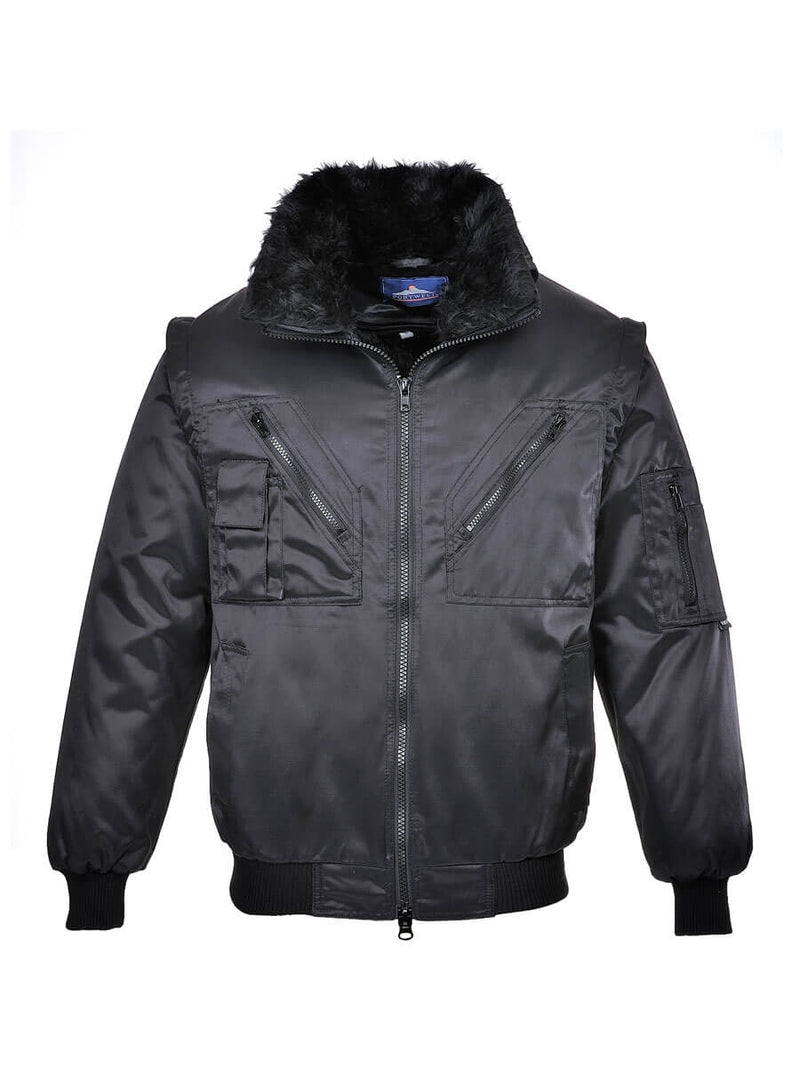 Schwarze Pilotjacke mit Fellkragen, Reißverschluss vorn und gefütterten Taschen