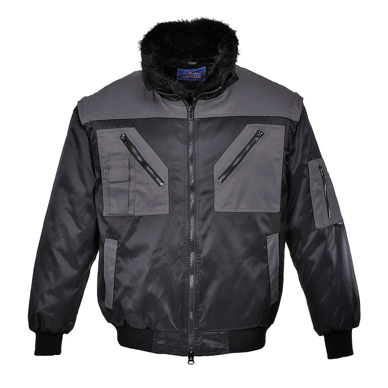 Zweifarbige Pilotjacke mit Fellkragen, durchgehendem Reißverschluss und Fronttaschen