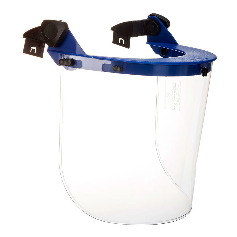 Störlichtbogen-Visier mit klarem Schutzschild, blauem Kopfband und schwarzer Halterung
