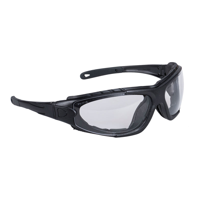 Schutzbrille mit schwarzem Rahmen und klarer Linse, seitlich mit Bügeln
