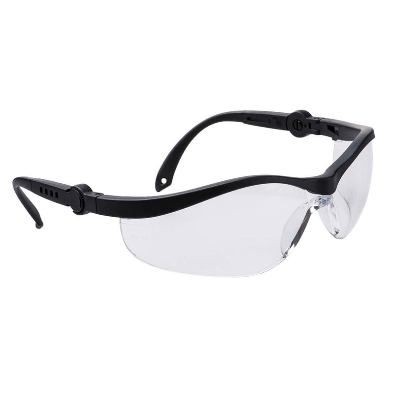 Schutzbrille PW35 mit klarer Linse, schwarzem Rahmen und Bügeln