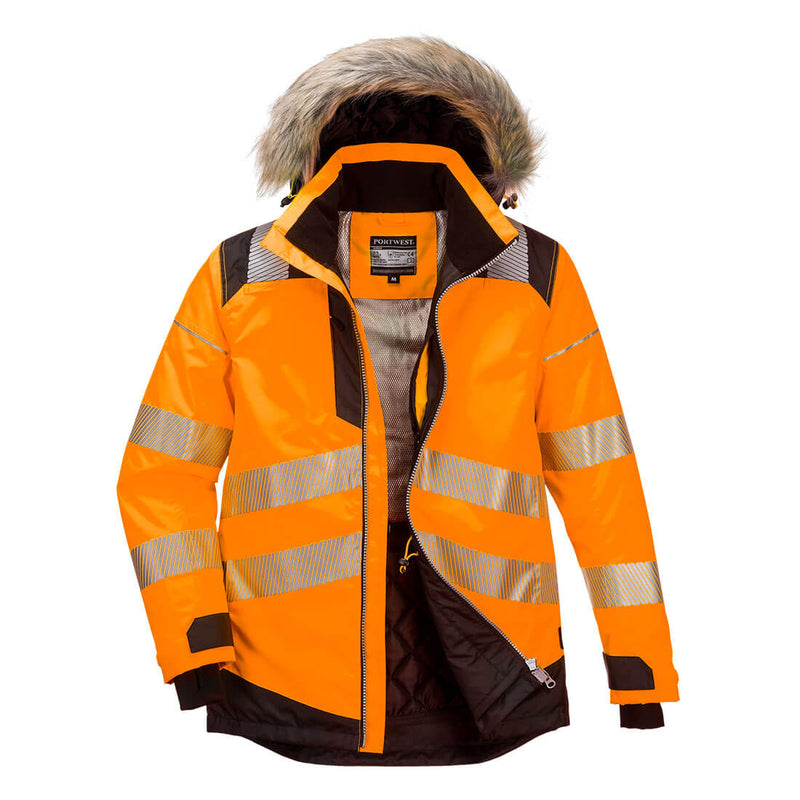Warnschutz-Winterparka in Orange mit Kapuze und Kunstfellbesatz, reflektierenden Streifen