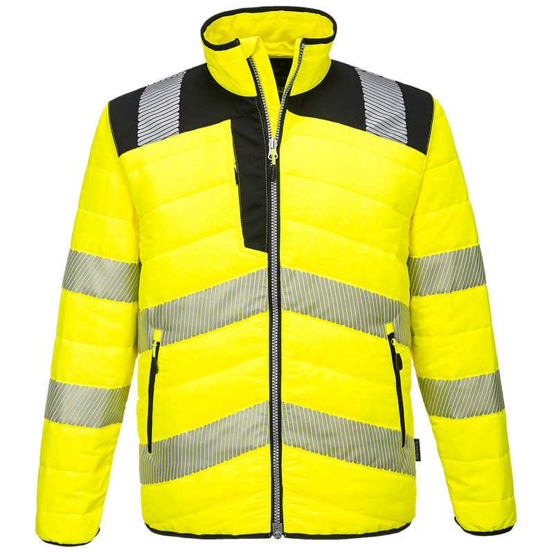 Warnschutz-Steppjacke in Gelb mit schwarzem Einsatz, Reißverschluss und reflektierenden Streifen