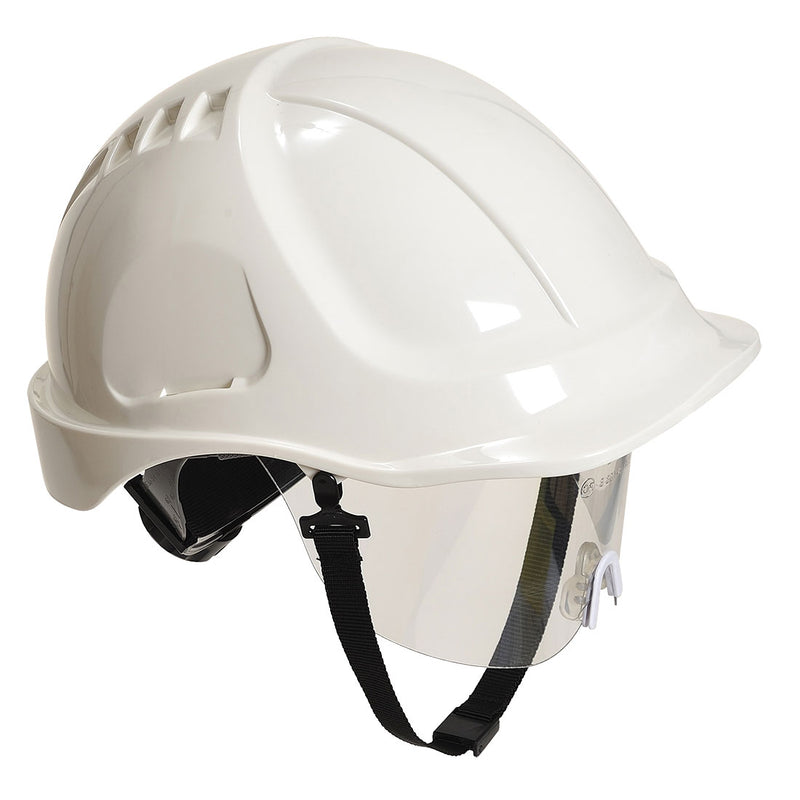 Weißer Schutzhelm mit Kinnriemen und Lüftungsschlitzen