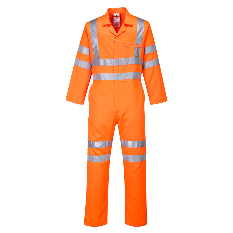 Warnschutzoverall, orange, mit breiten Reflexstreifen an Brust und Beinen