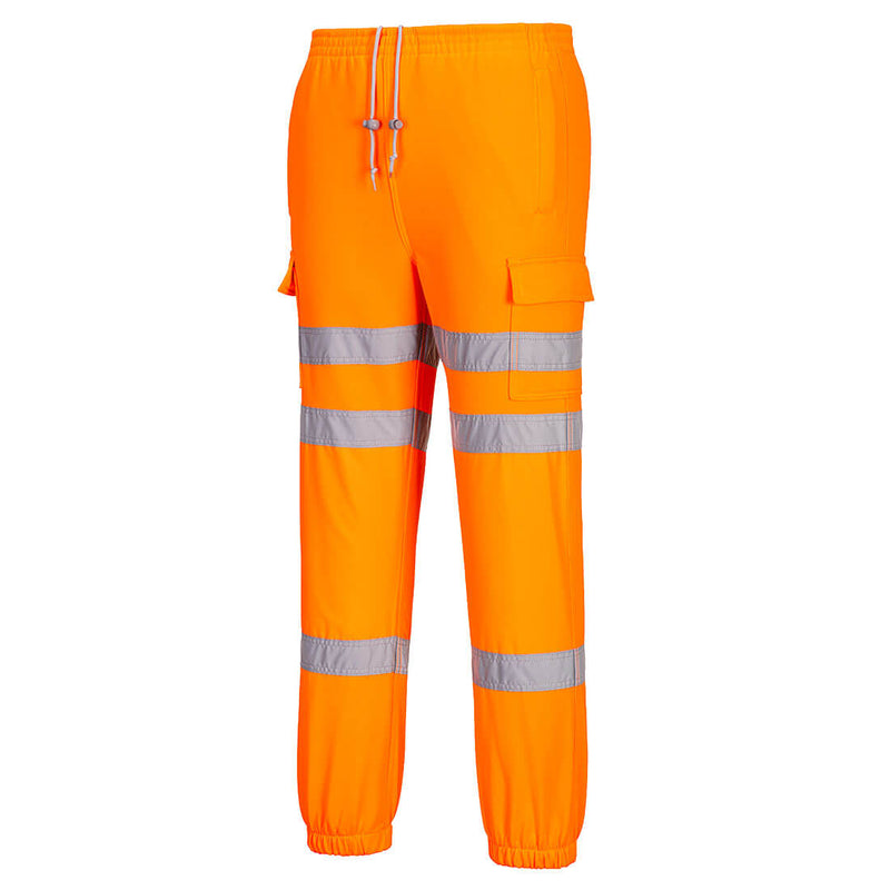Warnschutz-Trainingshose in Orange mit reflektierenden Bändern, Kordelzug und Taschen