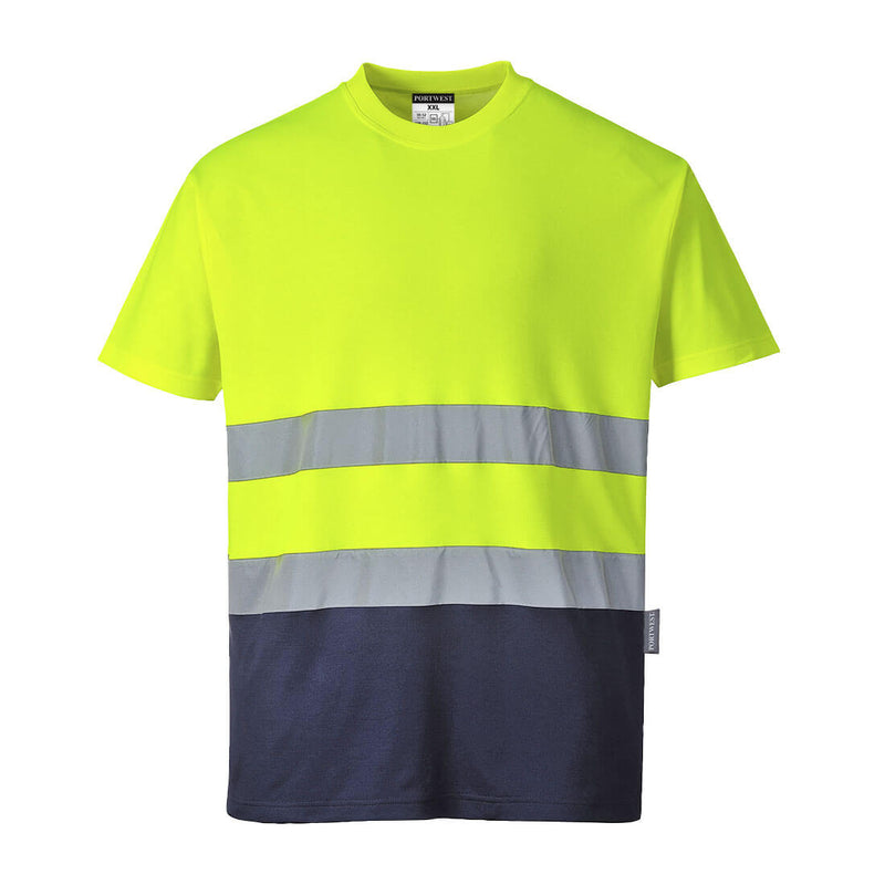 Zweifarbiges Baumwoll-T-Shirt mit Streifen: neongelb, hellgrau und dunkelblau.