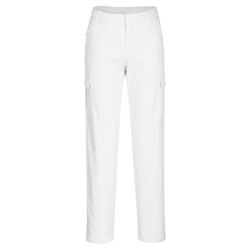Portwest Damen Stretch-Cargo-Hose in Weiß mit seitlichen Taschen, Vorderseite