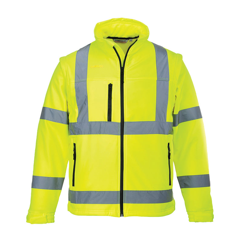 Portwest Warnschutz-Softshelljacke gelb, Kapuze, Reißverschluss vorn, Reflexstreifen