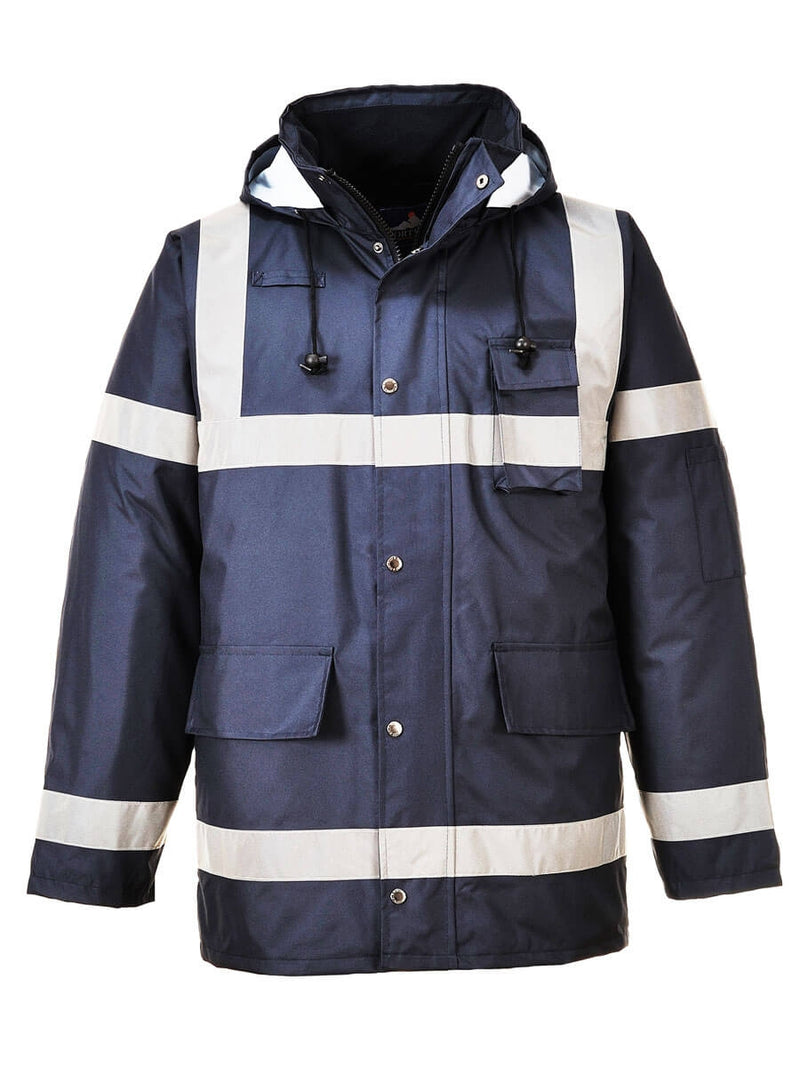 Portwest Iona Lite Jacke S433 in Marineblau mit Kapuze und reflektierenden Streifen