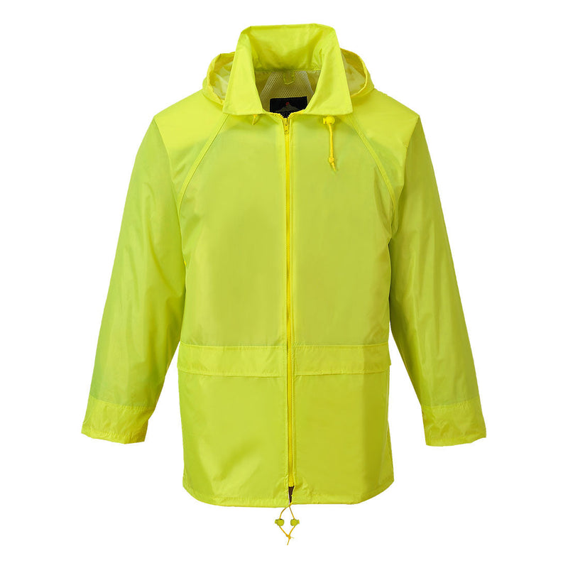Warnschutz-Regenjacke, gelb, mit Kapuze und durchgehendem Reißverschluss