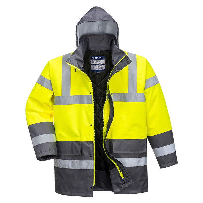 Warnschutz-Kontrastjacke mit Kapuze, gelb und grauen Reflexstreifen, durchgehender Reißverschluss