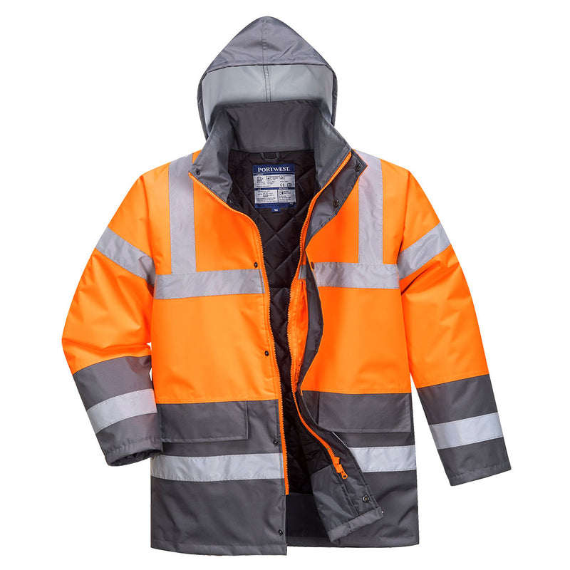 Zweifarbige Warnschutz-Verkehrsjacke mit Kapuze, orange und dunkelgrau, Reflexstreifen