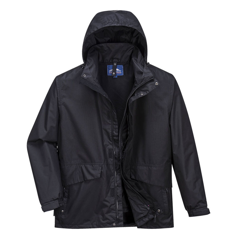 3-in-1 Arbeitsjacke mit Kapuze, schwarzer Frontreißverschluss und verdeckten Taschen