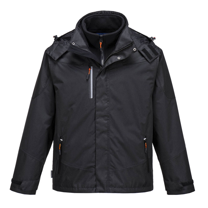 Portwest S553 Jacke, schwarze Arbeitsjacke mit Kapuze, durchgehendem Reißverschluss und Taschen
