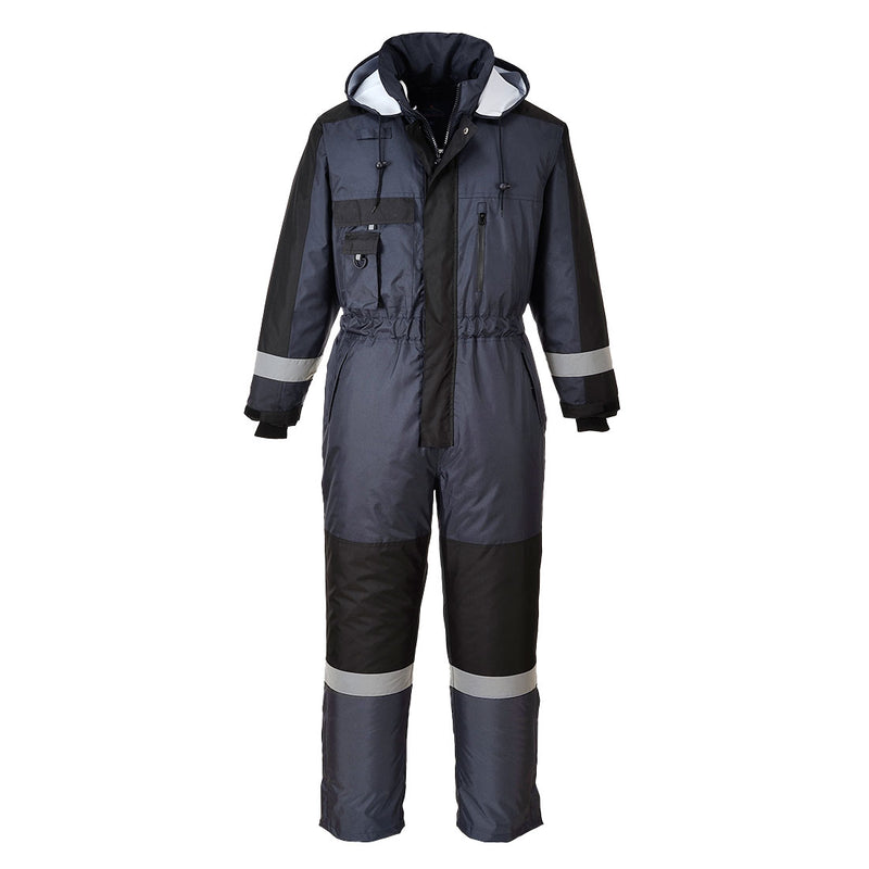 Winteroverall mit Kapuze, durchgehendem Reißverschluss und reflektierenden Streifen