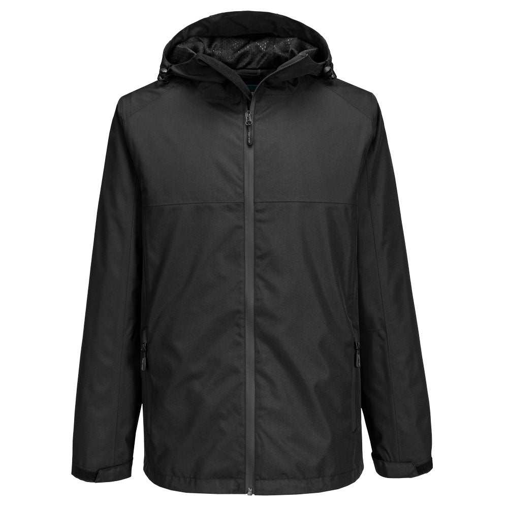 Schwarze Regenjacke mit Kapuze, durchgehendem Reißverschluss und Fronttaschen
