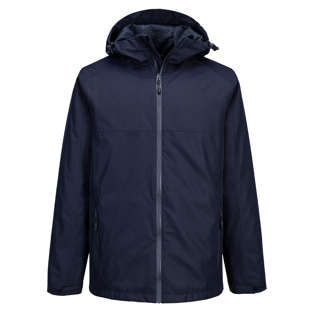 Dunkelblaue Regenjacke mit Kapuze, durchgehendem Reißverschluss und verdeckten Taschen