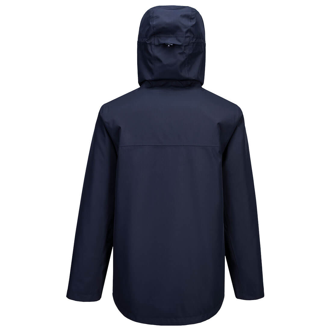 Dunkelblaue Regenjacke mit Kapuze, Rückansicht, durchgehendem Reißverschluss