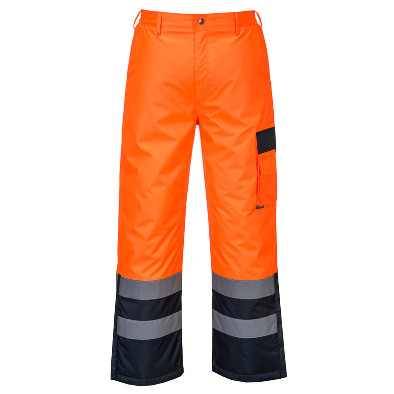 Portwest gefütterte Warnschutz-Kontrasthose S686 in Orange mit Marine und Reflexstreifen