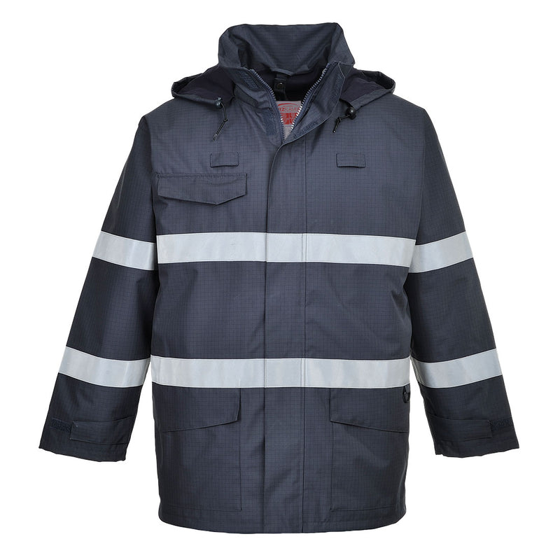 Dunkelblaue Regenjacke mit Kapuze, reflektierenden Streifen und Fronttaschen