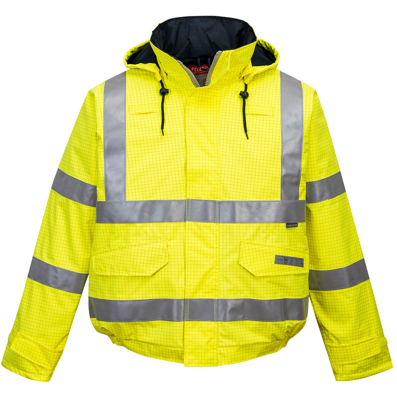 Warnschutz-Regenschutzjacke gelb mit Kapuze und reflektierenden Streifen, Frontreißverschluss