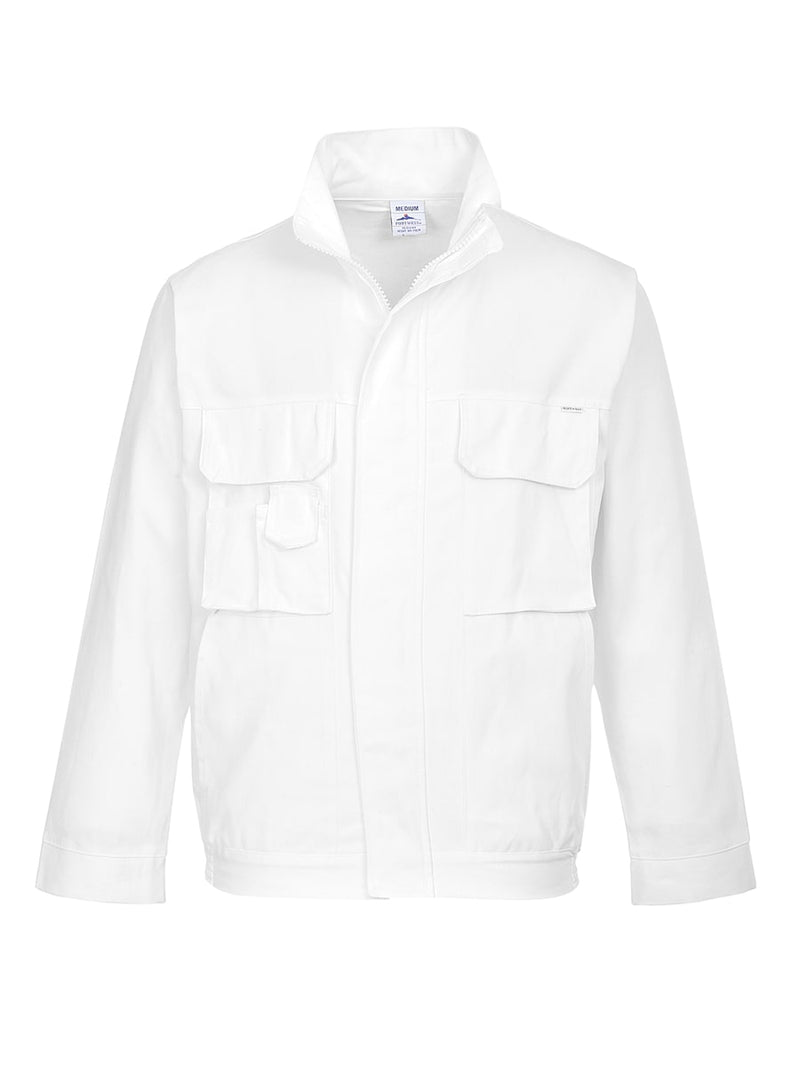 Portwest Malerjacke in Weiß mit Stehkragen, Reißverschluss und zwei Brusttaschen, lange Ärmel