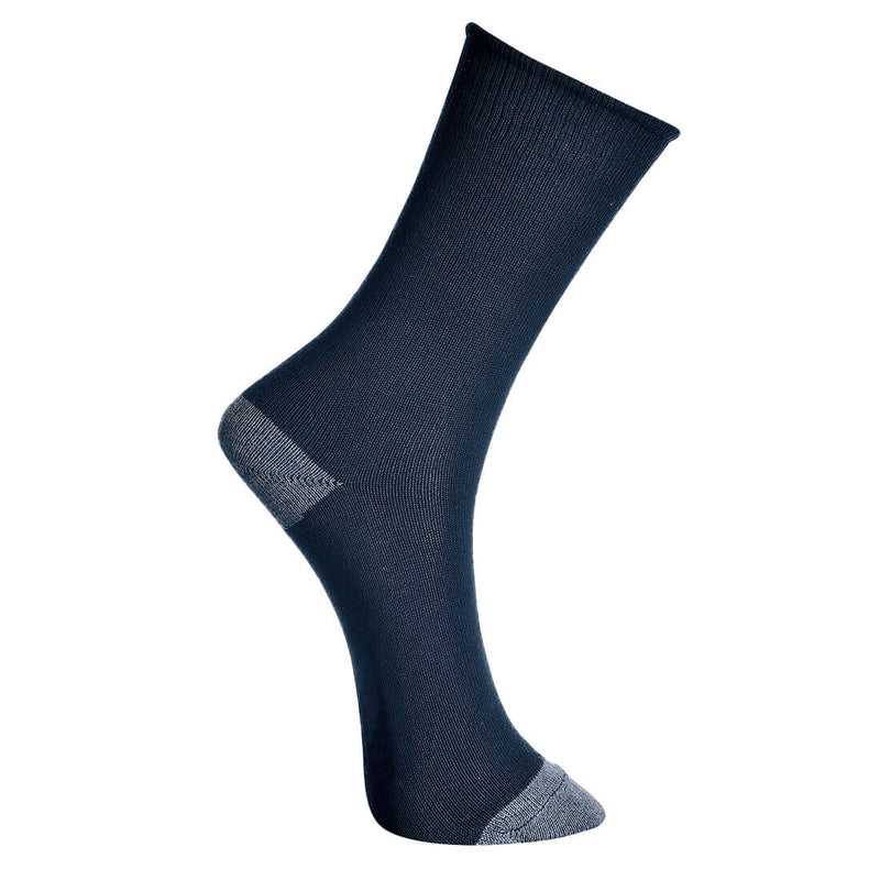 Socken aus dunkelblauem Strick mit grauer Spitze und Ferse