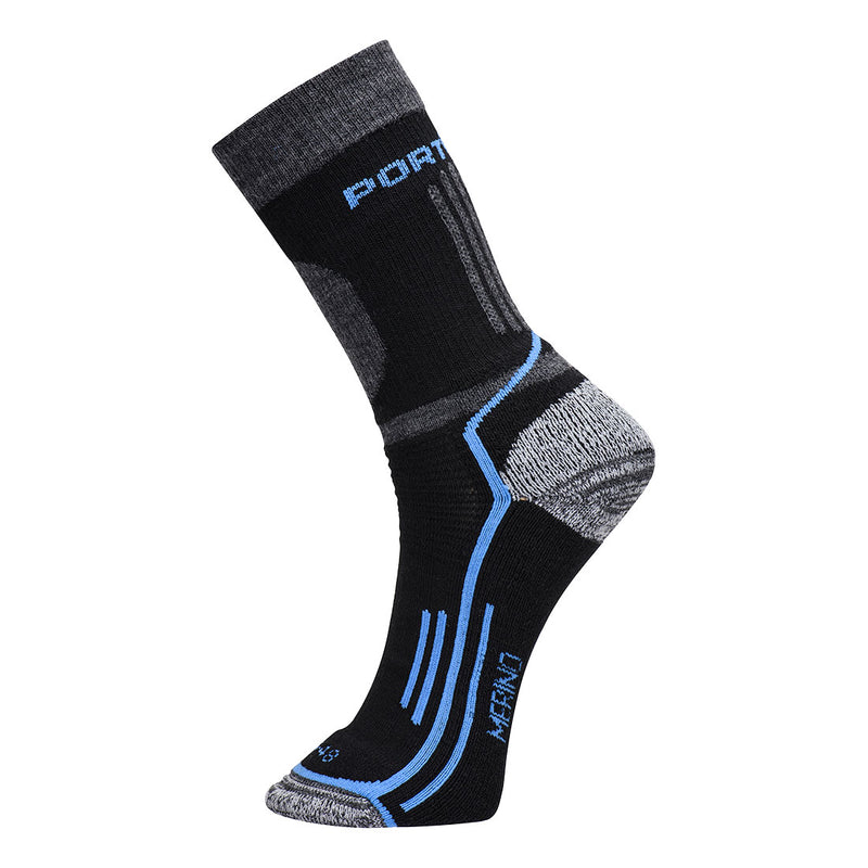 Schwarze Merino-Wintersocken mit blauem Streifenmuster an Ferse und Schaft