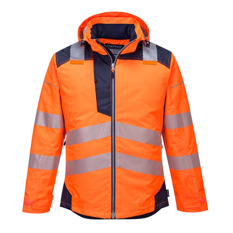 Warnschutz-Regenjacke mit Kapuze, orange, reflektierende Streifen, durchgehender Reißverschluss