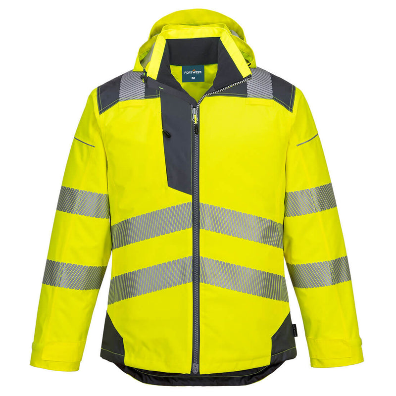 Warnschutz-Regenjacke in Gelb mit reflektierenden Streifen, Reißverschluss und Kapuze