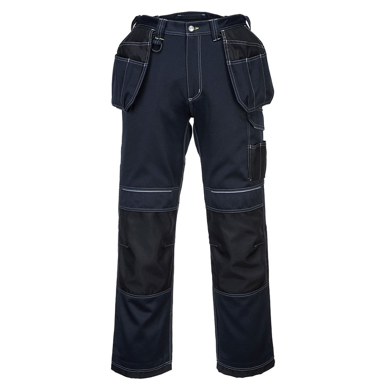 Dunkelblaue Arbeitshose mit Holstertaschen, Bund mit Knopfverschluss und Gürtelschlaufen