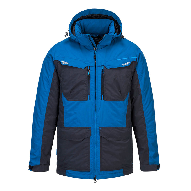 Zweifarbige Winterjacke mit Kapuze, durchgehendem Reißverschluss und Fronttaschen.