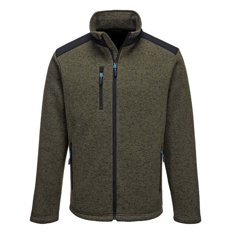 Fleecejacke mit Kapuze, durchgehendem Reißverschluss, olivbraun meliert, blaue Zipper