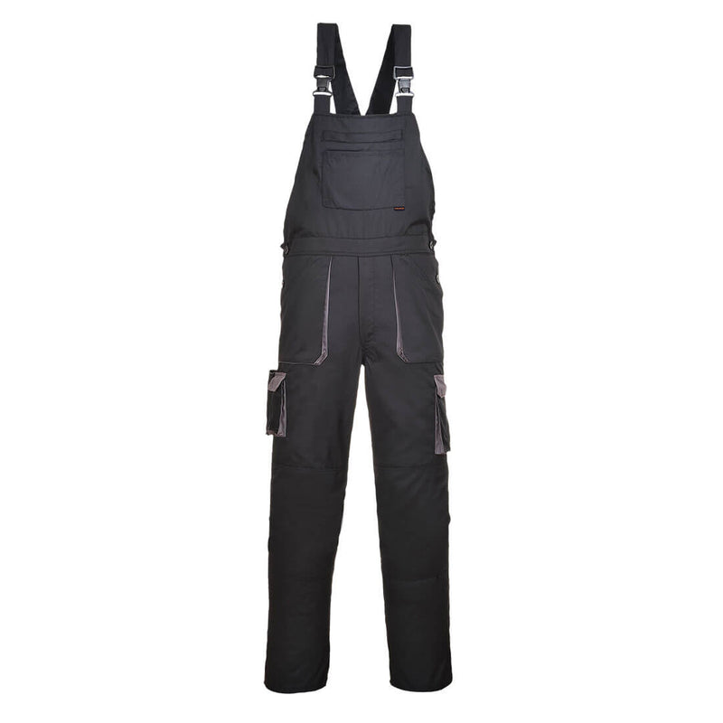 Schwarze Latzhose mit Kontrastbesatz, verstellbaren Trägern und Fronttasche