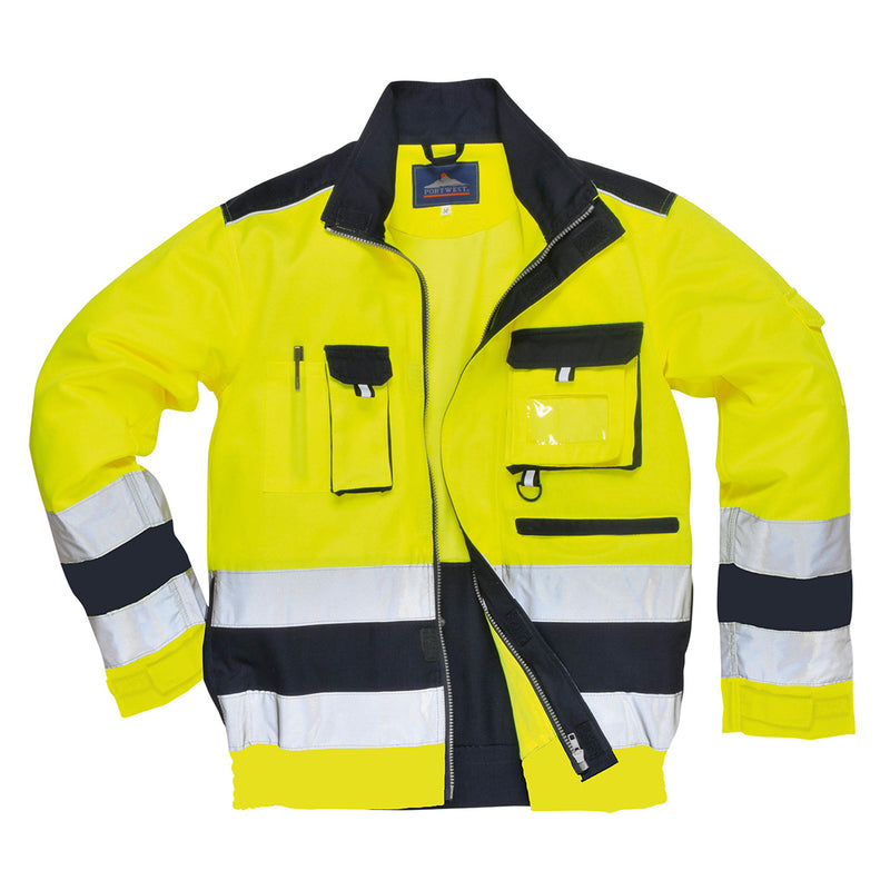 Warnschutz-Jacke mit gelbem Stoff, dunkelblauen Einsätzen und reflektierenden Streifen