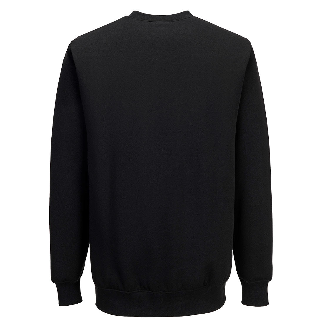 Essentielles Sweatshirt, schwarze Rückansicht mit Rundhalsausschnitt und Rippbündchen