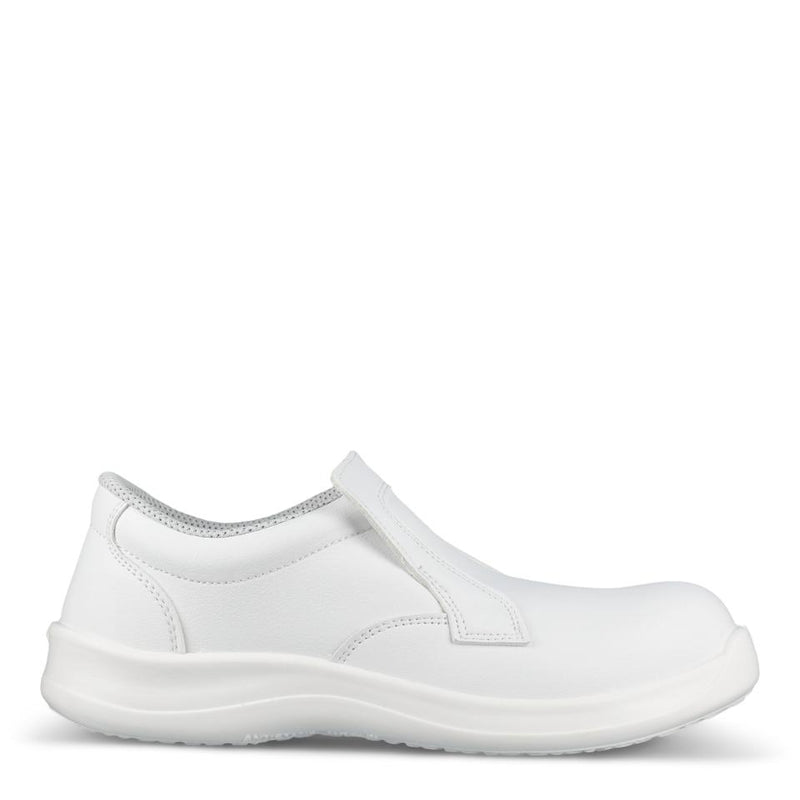 Weiße Slip-On-Slipper mit gepolstertem Rand und breiter Sohle, seitliche Zierkappe