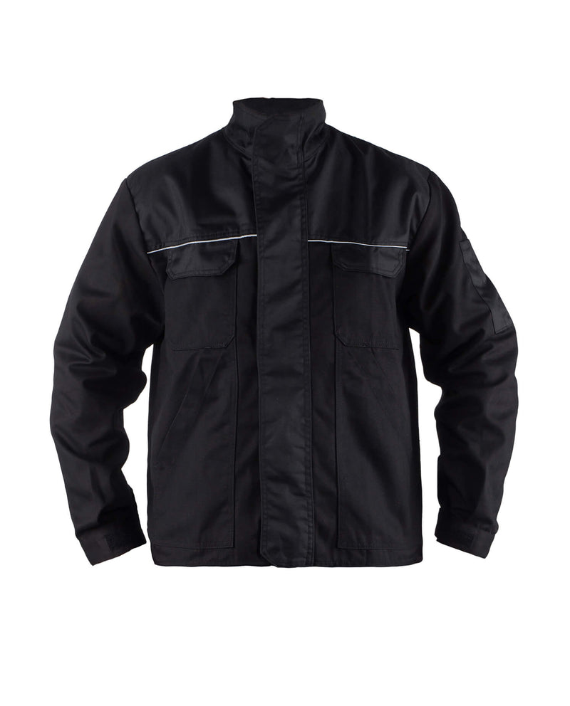 Herren-Arbeitsjacke schwarz, Stehkragen, Reißverschluss, Brust- und Seitentaschen, Reflexstreifen