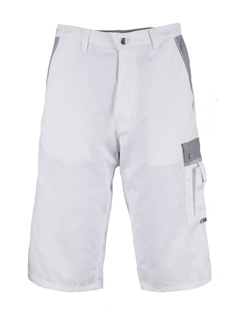 Herren-Arbeitsshorts in Weiß mit Cargotasche und seitlichem Taschenfach, Knopfverschluss