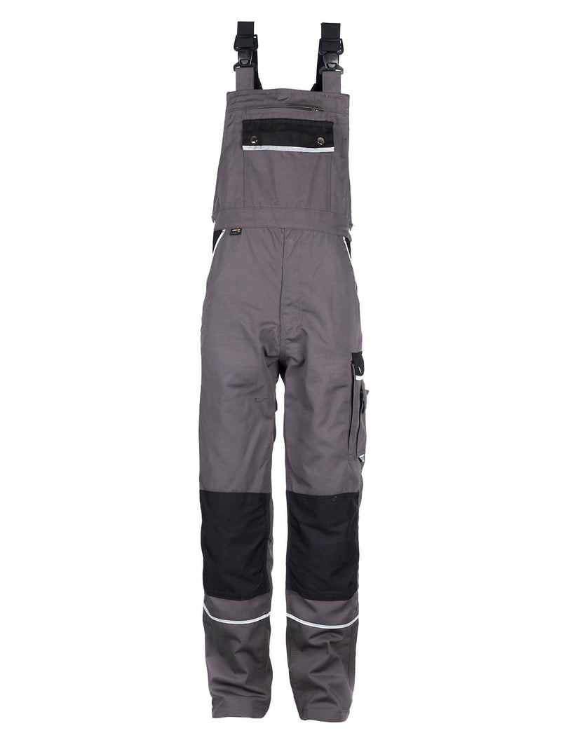 Herren-Arbeitslatzhose grau mit Hosenträgern, Fronttasche und Reflexstreifen
