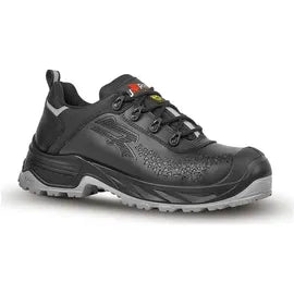 Dunkelgrauer Sportschuh mit Schnürung und profilierter Laufsohle, seitliches Logo