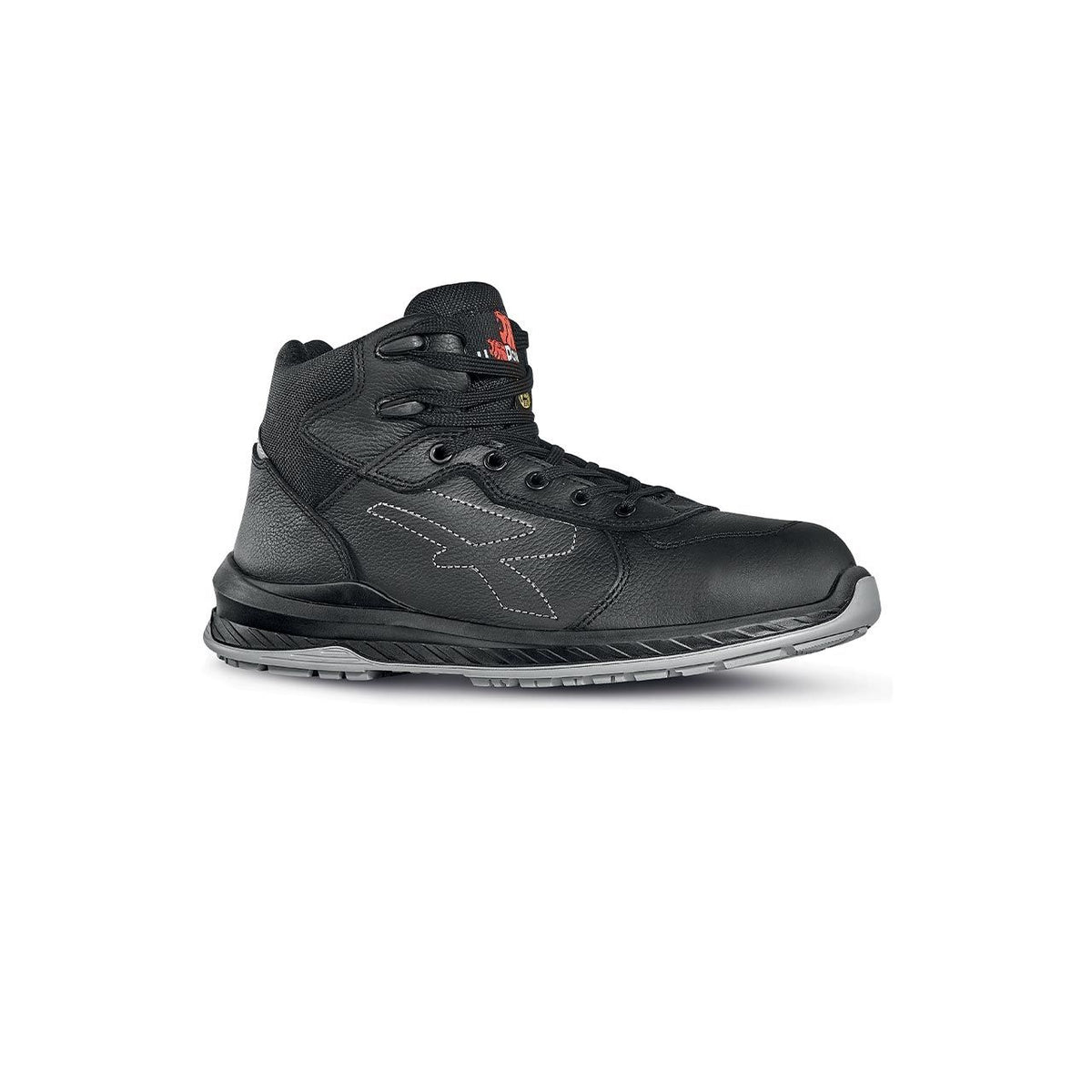 Schwarzer Sicherheitsstiefel mit gepolstertem Schaft und seitlichen Ziernähten