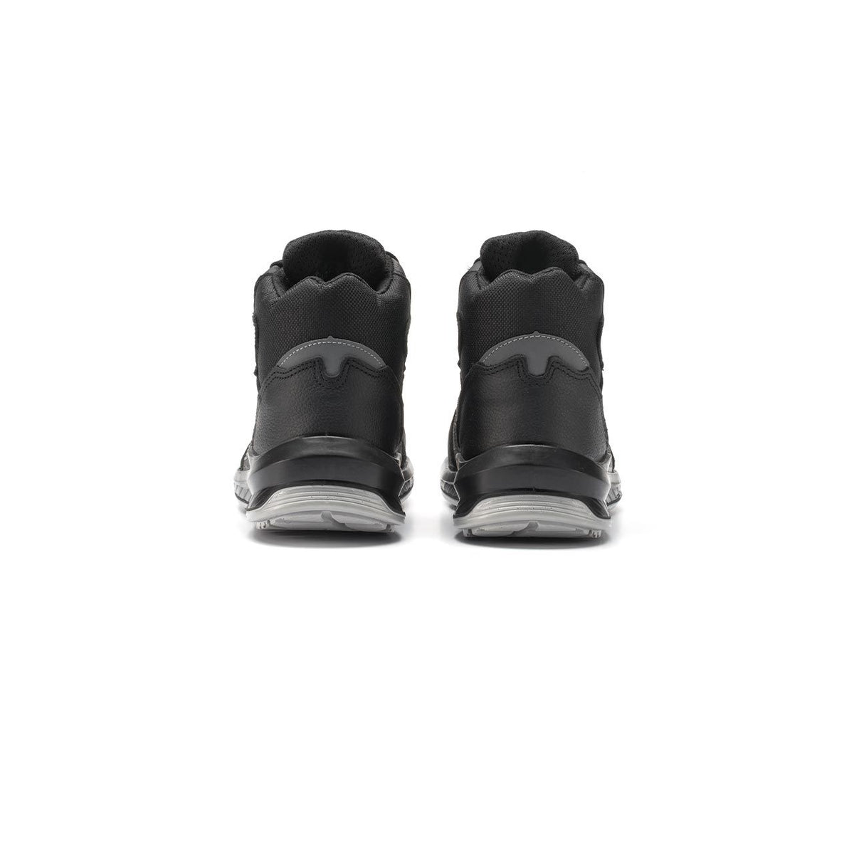 Paar schwarze Sicherheitsstiefel von hinten mit gepolsterten Schäften