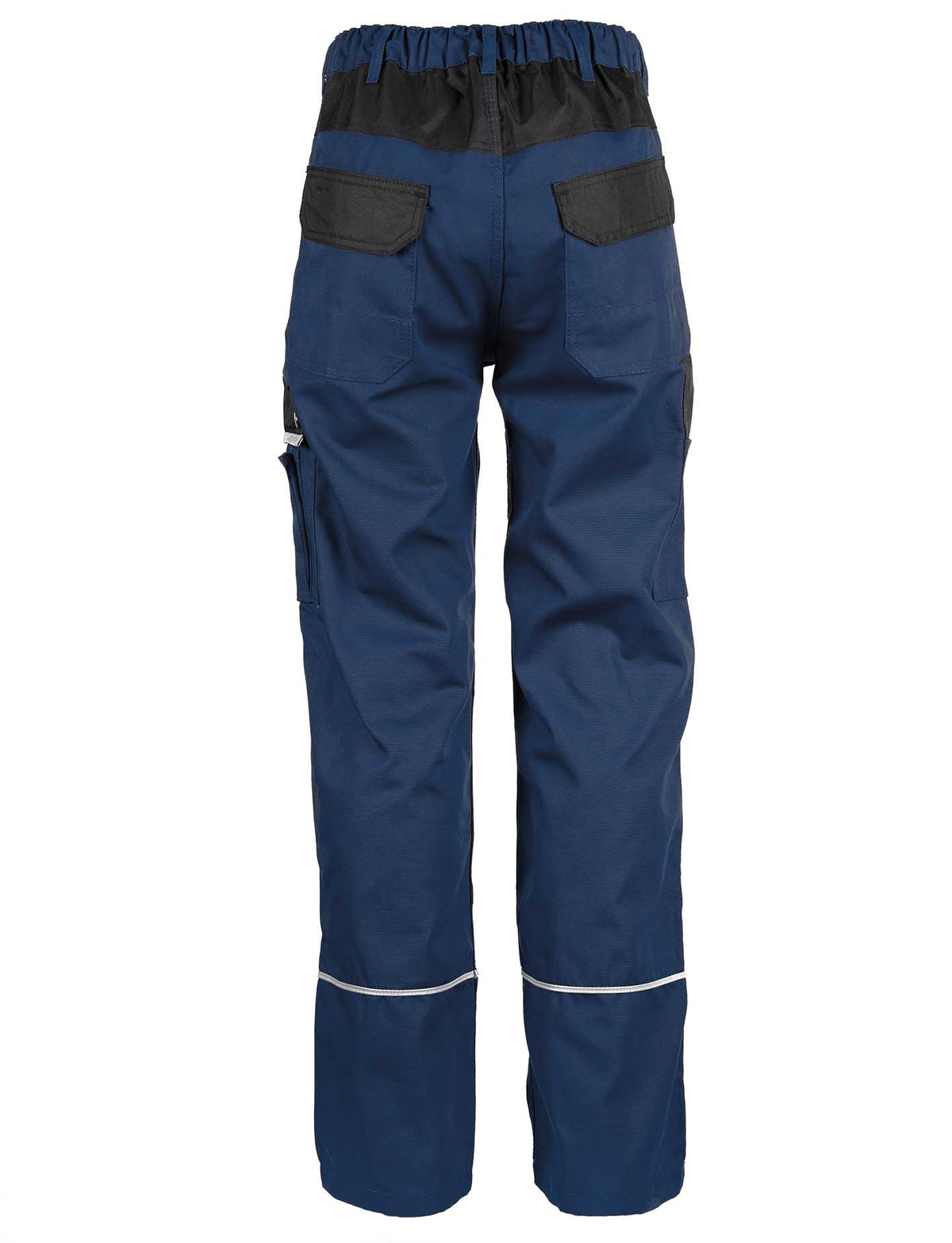 Herren Arbeitshose Rückansicht: marineblau mit schwarzen Einsätzen und Reflektorstreifen